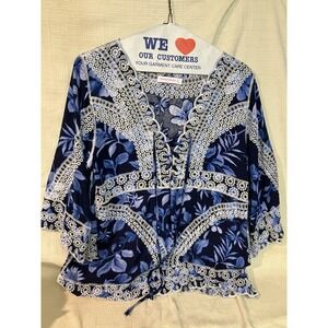 Parami Design Crochet Trim Blue Boho Floral Tunic Top Sz XL